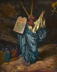 Representación de Moisés con las nuevas Tablas de la Ley en el Monte Sinaí - grabado por Gustave Doré (1832-1883) - coloreado posteriormente