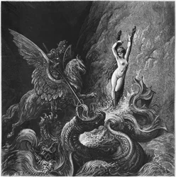 Rugiero rescata a Angélica, ilustración del canto X de «Orlando furioso» de Ludovico Ariosto (1474-1533), publicada en 1888, París