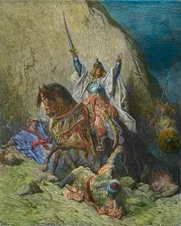 Saladino el Magnífico - rey Saladino (1138-1193) (Salah al Din Yusuf al-Ayyubi (al Ayyubi), comandante de las fuerzas musulmanas contra las cruzadas - grabado en color del siglo XIX de Gustave Doré - de Historia de las cruzadas de Joseph-François Michaud