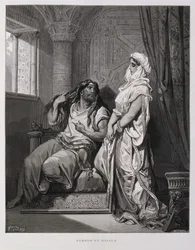 Sansón y Dalila, capítulo 16, del Libro de los Jueces, en el Antiguo Testamento, Ilustración de la Biblia de Dore.