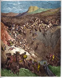 Sansón destruyendo a los filisteos con la quijada de un burro - grabado en “La Biblia ilustrada” por Gustave Doré (1832-1883) - Grabado de “La Biblia de Doré”