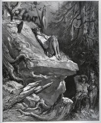 Sancho Panza encuentra a su amo, siempre en penitencia - de “Don Quijote de la Mancha” por Miguel Cervantes (1547-1616) - xilografía según dibujo de Gustave Doré