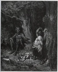Sancho Panza vuela frente a Don Quijote para cumplir el deseo de Merlín y así desencantar a Dulcinea del Toboso. Don Quijote le insta a moderar sus ardores - de 