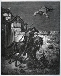 Sancho Panza es engañado, y Don Quijote no puede intervenir - de “Don Quijote de la Mancha” de Miguel Cervantes (1547-1616) - xilografía después de un dibujo de Gustave Doré