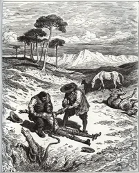 Sancho y el primo sacan a Don Quijote (dormido) de la cueva de Montesinos - de “Don Quijote de la Mancha” de Miguel Cervantes (1547-1616) - xilografía según dibujo de Gustave Doré