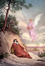Conjunto de postales educativas bíblicas de los años 50 , realizadas según Bellas Artes: aquí después de "Elías salvado por un ángel" de Gustave Dore