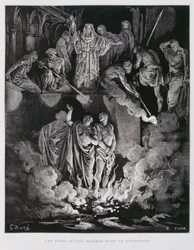 Sadrac, Mesac y Abednego en el horno de fuego, ilustración de la Biblia de Dore.
