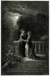 Sigognac e Isabelle: amantes finalmente unidos a la luz de la luna. ¡Al final triunfa el amor! Grabado de Gustave Dore que ilustra la novela picaresca de capa y espada de Theophile Gautier "Le capitaine Fracasse", edición Charpentier 1863.