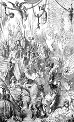 Sindbad el marino (Simbad) - cuento de las mil y una (1001) noches - ilustración de Gustave Dore - edición Maxwell 1865 - Sexto viaje - este grabado puede representar la corte del rey de Serendib o la del califa Haroun al-Rashid (Harun al