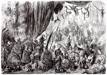 Sindbad el marino (Simbad) - cuento de las mil y una (1001) noches - ilustración de Gustave Dore - edición Maxwell 1865 - Sexto viaje: la corte del rey de Serendib
