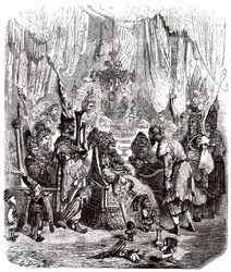 Sindbad el marino (Simbad) - cuento de las mil y una (1001) noches - ilustración de Gustave Dore - edición Maxwell 1865 - Prólogo: un pobre portador (Hinbad) se presenta ante Sindbad, que se ha hecho viejo y rico. Éste le contará su aventu