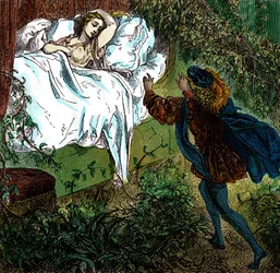"La Bella Durmiente" El príncipe azul se acerca a la bella princesa dormida. Grabado de Gustave Dore (1832-1883) para "Los cuentos" de Charles Perrault (1628-1703)
