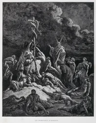 Entonces Moisés hizo una serpiente de bronce y la puso en un asta. Números 21:7, Ilustración de la Biblia de Dore