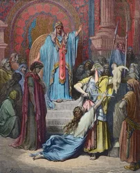 El juicio de Salomón - Salomón hace el juicio de dividir al bebé entre los dos reclamantes - Grabado por Gustave Doré (1832-1883) - coloreado posteriormente
