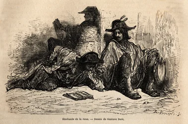 Estudiantes de tuna en el distrito de la Universidad de Alcalá de Henares, la peculiaridad de estos estudiantes que han adoptado una vida ociosa, libre y errante es no estudiar, boceto en vivo por Gustave Doré. Grabado para ilustrar el viaje