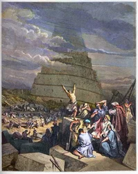 Torre de Babel - Ilustración del Génesis y de la confusión de las lenguas por Yahvé. A la derecha, el rey Nimrod, también llamado Nemrod, conversa con los arquitectos - grabado en la «Biblia ilustrada» de Gustave Doré (1832-1883) - grabado de «Th»