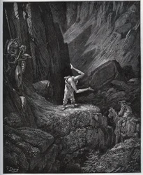 La penitencia acrobática de Don Quijote en Sierra Morena - de “Don Quijote de la Mancha” por Miguel Cervantes (1547-1616) - xilografía según dibujo de Gustave Doré