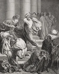 Los compradores y vendedores expulsados del templo, Lucas 19:45-46, ilustración de 
