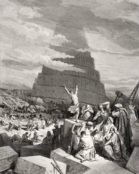 La confusión de las lenguas, Génesis 11:7-9, ilustración de «La Santa Biblia» de Doré, grabada por Maurand, 1866