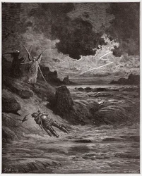 La Divina Comedia, Purgatorio, Canto 5: El cuerpo de Buonconte da Montefeltro en el Arno - Ilustración de Gustave Doré