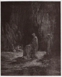 La Divina Comedia, Purgatorio, Canto 7: El poeta Sordello, asombrado, se arrodilla ante Virgilio - Ilustración de Gustave Doré