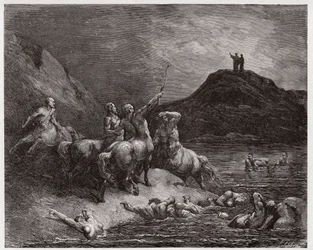 La Divina Comedia, Infierno, Canto 12: Neso y los centauros - Ilustración de Gustave Doré
