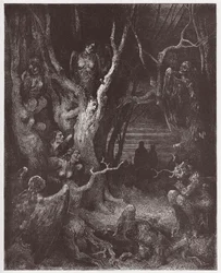 La Divina Comedia, Infierno, Canto 13: Las Harpías en el bosque de los suicidas - de Dante Alighieri (1265-1321) - Ilustración de Gustave Doré (1832-1883)
