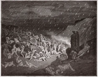 La Divina Comedia, Infierno, Canto 14: Los violentos, atormentados en la lluvia de fuego - Ilustración de Gustave Doré