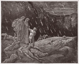 La Divina Comedia, Infierno, Canto 15: Brunetto Latini aborda a Dante - por Dante Alighieri (1265-1321) - Ilustración de Gustave Doré (1832-1883)