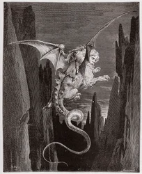 La Divina Comedia (La Divina Commedia, La Divine Comédie), Infierno, canto 17: El descenso al abismo a lomos de Gerión - de Dante Alighieri (1265-1321) - Ilustración de Gustave Doré (1832-1883)