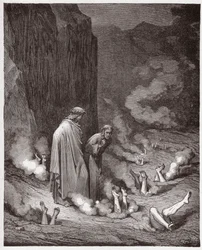 La Divina Comedia (La Divina Commedia, La Divine Comedie), Infierno, Canto 19: Dante reprende al Papa Nicolás III en la cuarta bolgia - por Dante Alighieri (1265-1321) - Ilustración de Gustave Doré (1832-1883)
