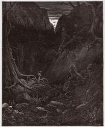 La Divina Comedia, Infierno, Canto 1: El león confronta repentinamente a Dante - Ilustración de Gustave Doré