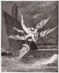 La Divina Comedia, Infierno, Canto 22: Alichino y Calcabrina luchan sobre la pez - de Dante Alighieri (1265-1321) - Ilustración de Gustave Doré (1832-1883)