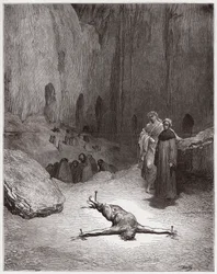 La Divina Comedia, Infierno, Canto 23: Un fariseo crucificado entre los hipócritas - por Dante Alighieri (1265-1321) - Ilustración de Gustave Doré (1832-1883)