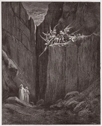 La Divina Comedia, Infierno, Canto 23: Los poetas escapan de los demonios de la quinta bolgia - por Dante Alighieri (1265-1321) - Ilustración de Gustave Doré (1832-1883)