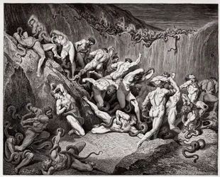 La Divina Comedia, Infierno, canto 24: Los ladrones atormentados por serpientes - de Dante Alighieri (1265-1321) - Ilustración de Gustave Doré (1832-1883)