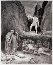 La Divina Comedia, Infierno, Canto 28: La cabeza cortada de Bertrand de Born habla con Dante - Ilustración de Gustave Doré
