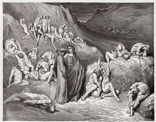La Divina Comedia, Infierno, Canto 29: Los falsificadores y forjadores atormentados con picazón - por Dante Alighieri (1265-1321) - Ilustración de Gustave Doré (1832-1883)