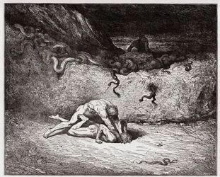 La Divina Comedia, Infierno, Canto 30: El tormento de los falsificadores en la novena bolgia (Gianni Schicchi) - por Dante Alighieri (1265-1321) - Ilustración de Gustave Doré (1832-1883)