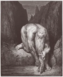La Divina Comedia, Infierno, Canto 31: El gigante Anteo baja a Dante y Virgilio al último círculo - por Dante Alighieri (1265-1321) - Ilustración de Gustave Doré (1832-1883)