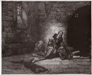 La Divina Comedia, Infierno, Canto 33: Gaddo muere ante los ojos de su padre - por Dante Alighieri (1265-1321) - Ilustración de Gustave Doré (1832-1883)