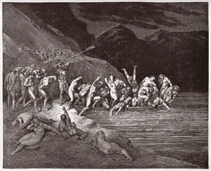 La Divina Comedia, Infierno, Canto 3: Las almas condenadas embarcan para cruzar el Aqueronte - de Dante Alighieri (1265-1321) - Ilustración de Gustave Doré (1832-1883)