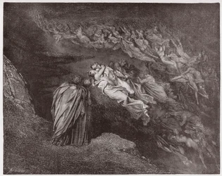 La Divina Comedia, Infierno, Canto 5: El alma de Francesca habla con Dante - Ilustración de Gustave Doré