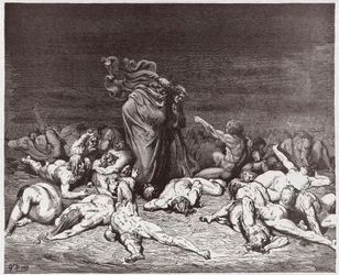 La Divina Comedia, Infierno, Canto 6: Los glotones golpeados por la lluvia eterna - Ilustración de Gustave Doré
