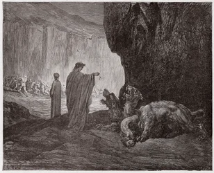 La Divina Comedia, Infierno, Canto 6: Virgilio alimenta a Cerbero en el tercer círculo - por Dante Alighieri (1265-1321) - Ilustración de Gustave Doré (1832-1883)