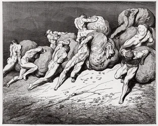 La Divina Comedia, Infierno, Canto 7: Las almas de los avaros y los pródigos obligadas a hacer rodar pesadas piedras - de Dante Alighieri (1265-1321) - Ilustración de Gustave Doré (1832-1883)