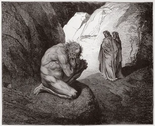 La Divina Comedia, Infierno, Canto 7: Virgilio reprende a Plutón en la entrada del cuarto círculo - Ilustración de Gustave Doré