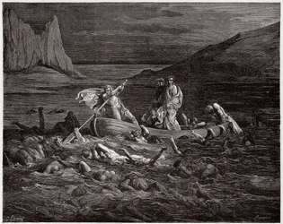 La Divina Comedia, Infierno, Canto 8: Flegias lleva a Dante y Virgilio a través del Estigia - por Dante Alighieri (1265-1321) - Ilustración de Gustave Doré (1832-1883)