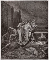 La Divina Comedia, Infierno, Canto 8: El alma del florentino Filippo Argenti aborda a los poetas en el Estigia (Ilustración de Gustave Doré)