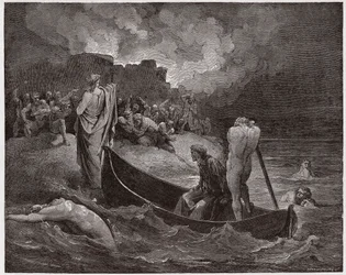 La Divina Comedia, Infierno, Canto 8: Virgilio y Dante desembarcan en la ciudadela de Dis - Ilustración de Gustave Doré